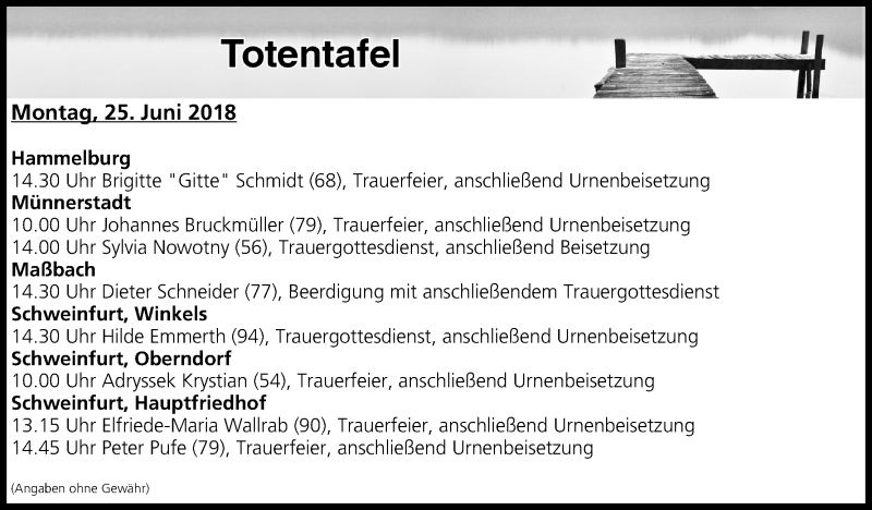  Traueranzeige für Totentafel vom 25.06.2018 vom 25.06.2018 aus MGO