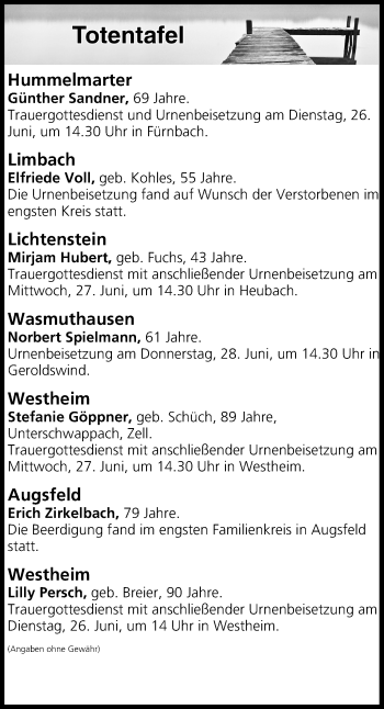 Anzeige von Totentafel vom 26.06.2018 von MGO
