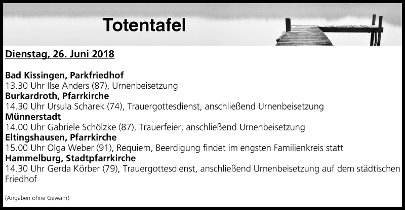  Traueranzeige für Totentafel vom 26.06.2018 vom 26.06.2018 aus MGO