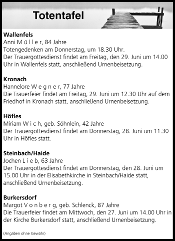 Anzeige von Totentafel vom 27.06.2018 von MGO
