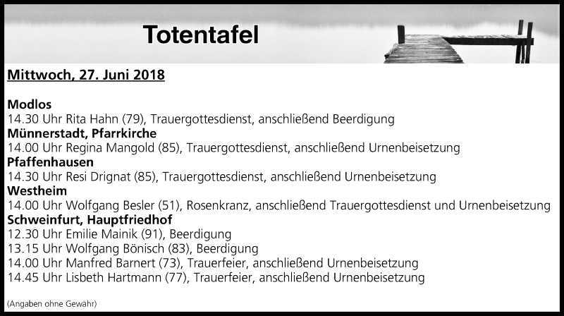  Traueranzeige für Totentafel vom 27.06.2018 vom 27.06.2018 aus MGO