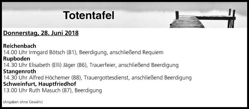  Traueranzeige für Totentafel vom 28.06.2018 vom 28.06.2018 aus MGO