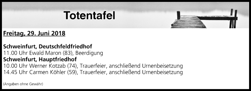  Traueranzeige für Totentafel vom 29.06.2018 vom 29.06.2018 aus MGO