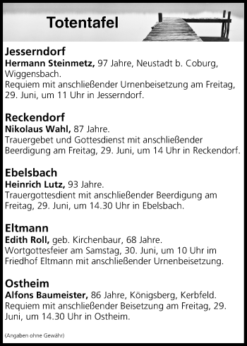 Anzeige von Totentafel vom 29.06.2018 von MGO