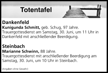 Anzeige von Totentafel vom 30.06.2018 von MGO