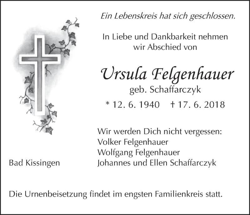  Traueranzeige für Ursula Felgenhauer vom 23.06.2018 aus MGO