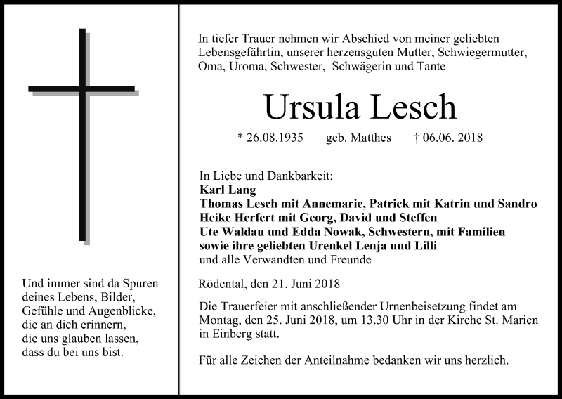  Traueranzeige für Ursula Lesch vom 21.06.2018 aus MGO