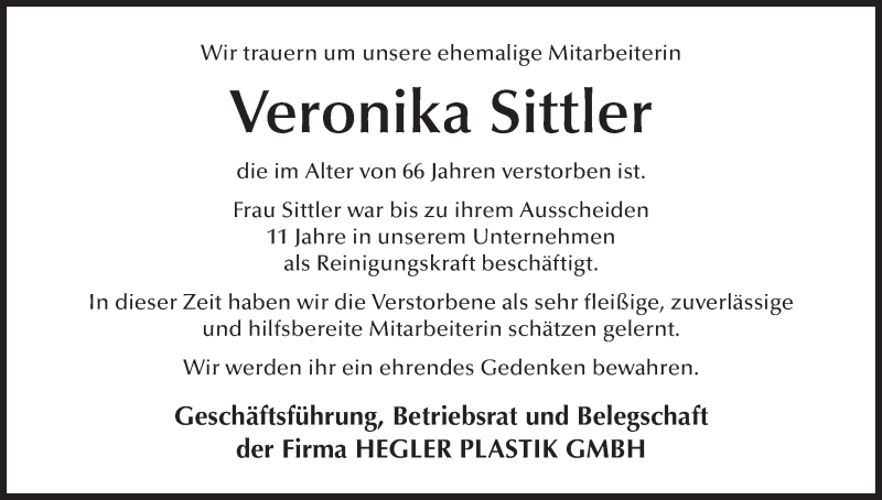  Traueranzeige für Veronika Sittler vom 13.06.2018 aus MGO