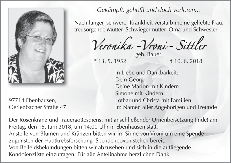  Traueranzeige für Veronika Sittler vom 12.06.2018 aus MGO