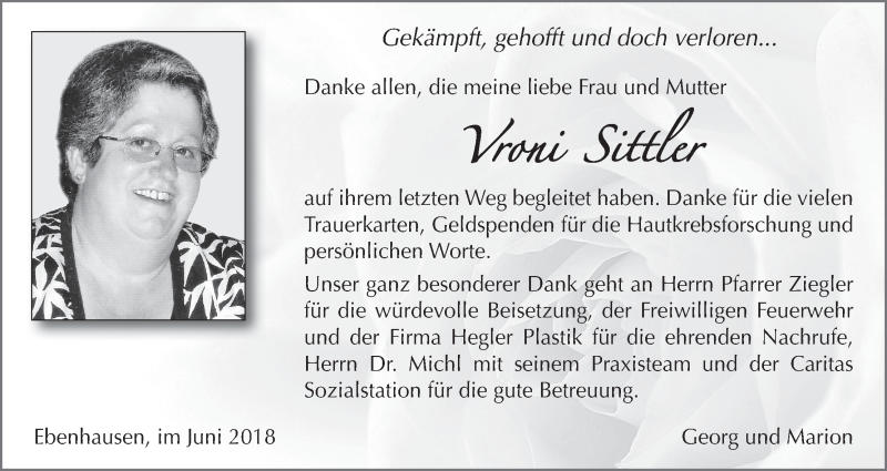  Traueranzeige für Vroni Sittler vom 23.06.2018 aus MGO