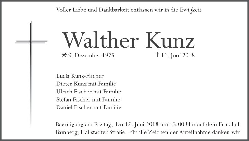  Traueranzeige für Walther Kunz vom 13.06.2018 aus MGO