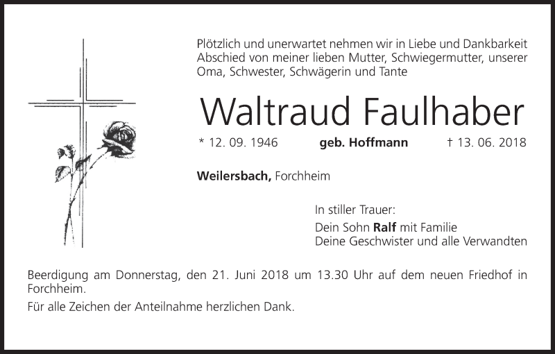  Traueranzeige für Waltraud Faulhaber vom 19.06.2018 aus MGO