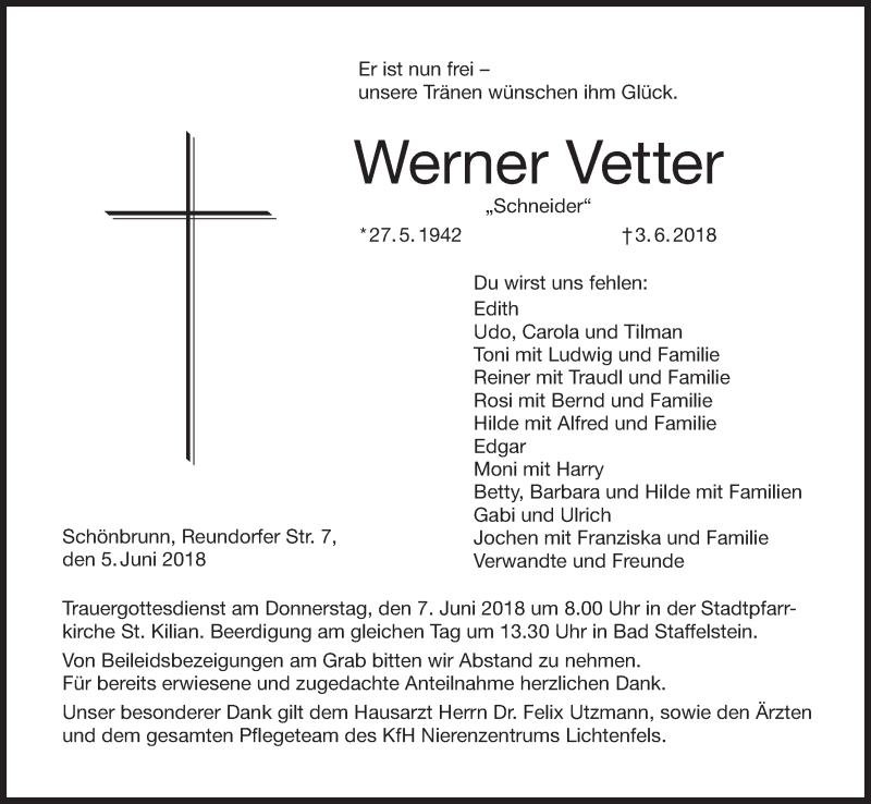  Traueranzeige für Werner Vetter vom 05.06.2018 aus MGO