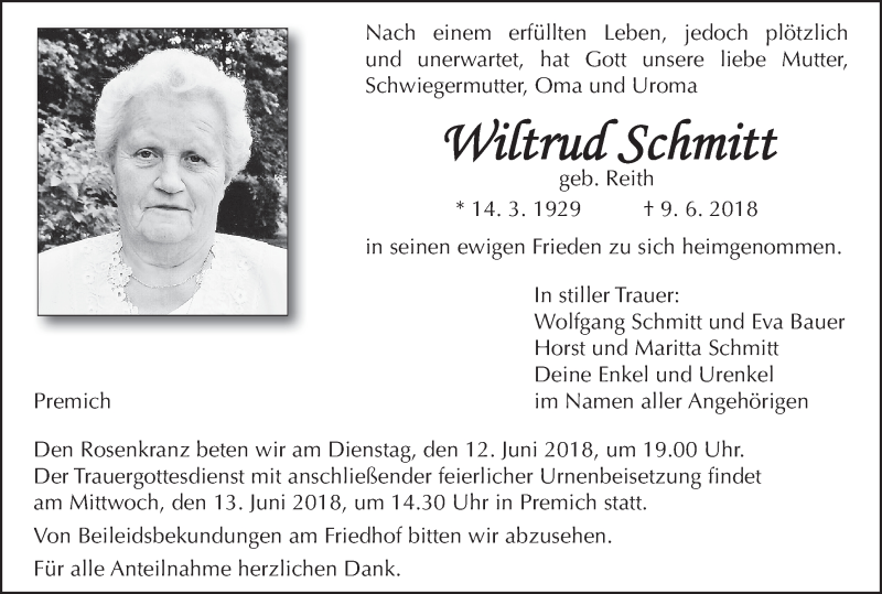  Traueranzeige für Wiltrud Schmitt vom 11.06.2018 aus MGO
