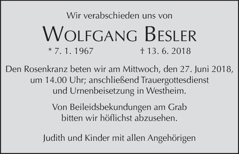  Traueranzeige für Wolfgang Besler vom 23.06.2018 aus MGO