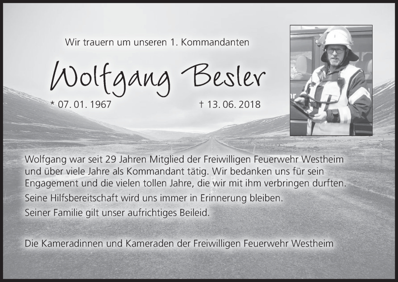  Traueranzeige für Wolfgang Besler vom 25.06.2018 aus MGO