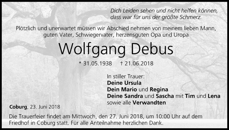  Traueranzeige für Wolfgang Debus vom 23.06.2018 aus MGO