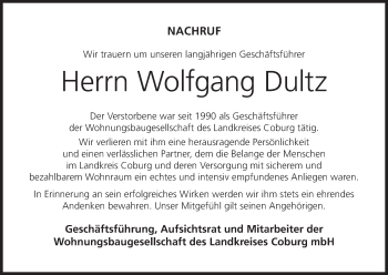 Anzeige von Wolfgang Dultz von MGO