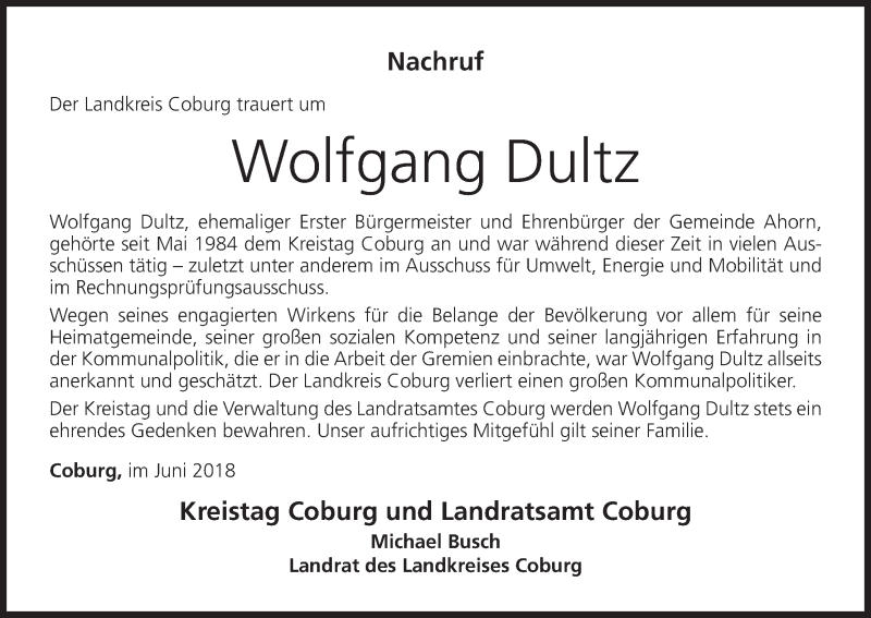  Traueranzeige für Wolfgang Dultz vom 30.06.2018 aus MGO