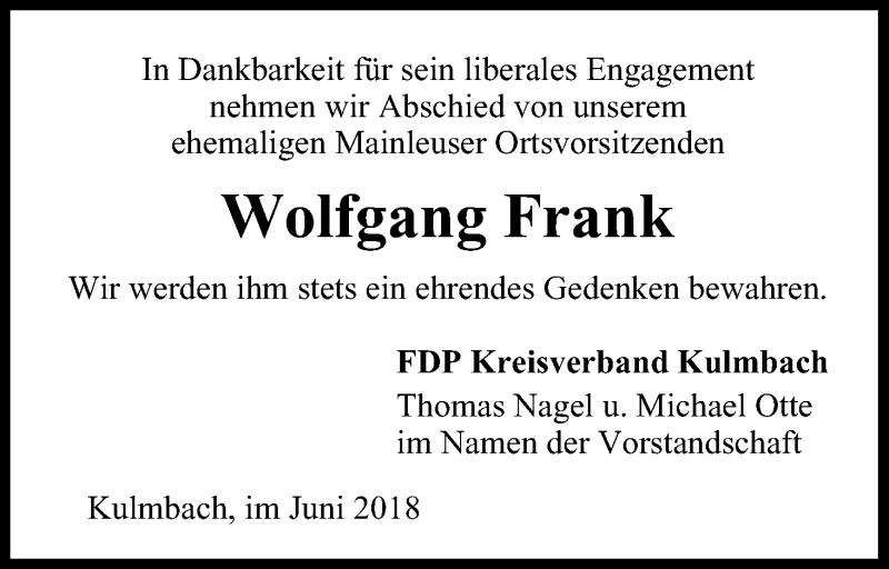  Traueranzeige für Wolfgang Frank vom 13.06.2018 aus MGO
