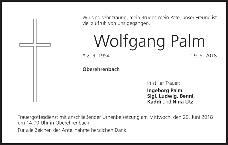  Traueranzeige für Wolfgang Palm vom 16.06.2018 aus MGO