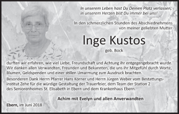 Anzeige von Inge Kustos von MGO