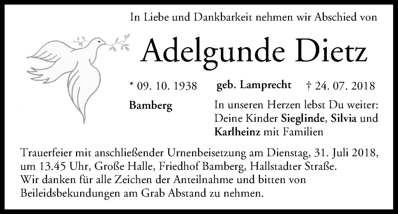  Traueranzeige für Adelgunde Dietz vom 28.07.2018 aus MGO