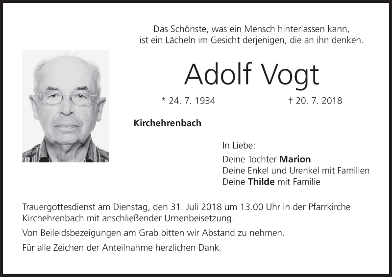  Traueranzeige für Adolf Vogt vom 28.07.2018 aus MGO