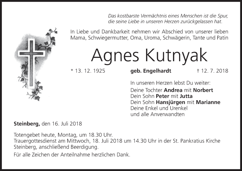  Traueranzeige für Agnes Kutnyak vom 16.07.2018 aus MGO