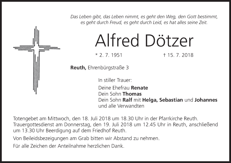 Traueranzeige für Alfred Dötzer vom 17.07.2018 aus MGO