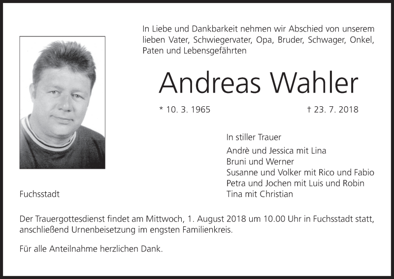  Traueranzeige für Andreas Wahler vom 28.07.2018 aus MGO