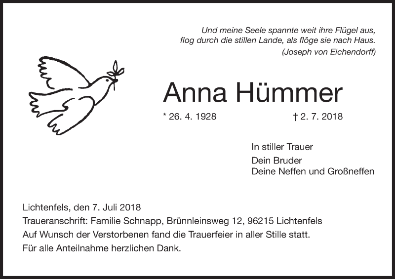  Traueranzeige für Anna Hümmer vom 07.07.2018 aus MGO