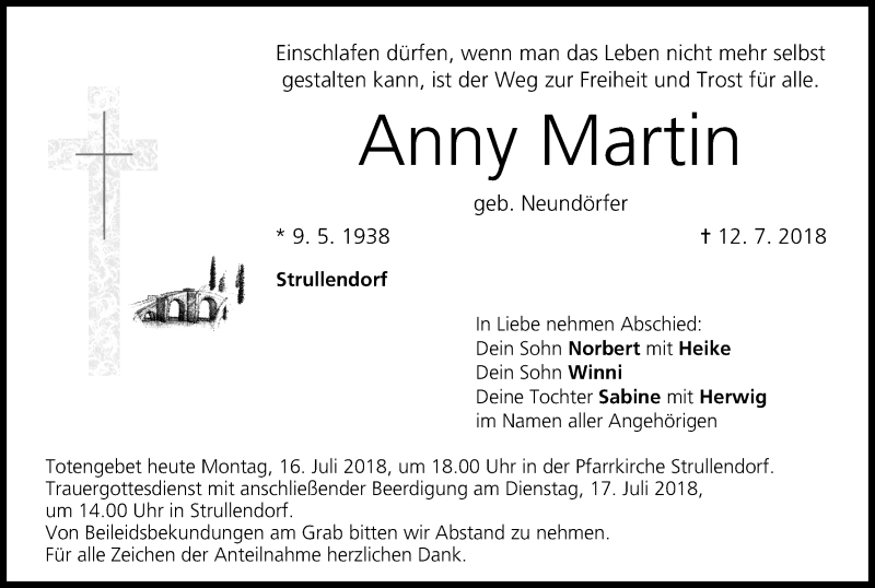  Traueranzeige für Anny Martin vom 16.07.2018 aus MGO