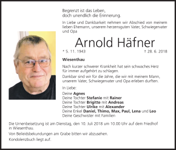 Anzeige von Arnold Häfner von MGO