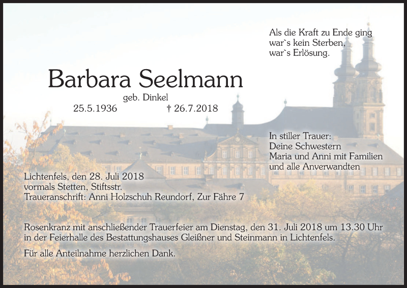  Traueranzeige für Barbara Seelmann vom 28.07.2018 aus MGO