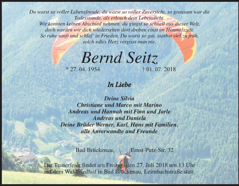  Traueranzeige für Bernd Seitz vom 24.07.2018 aus MGO