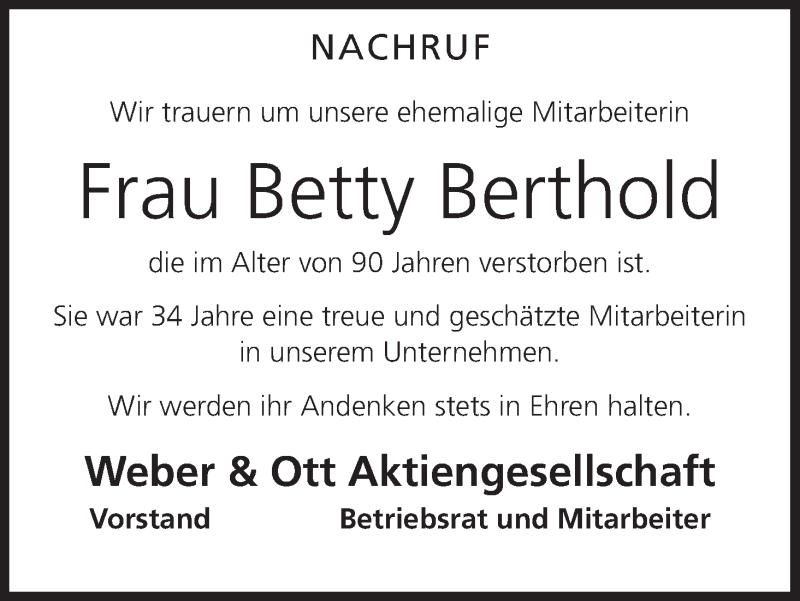  Traueranzeige für Betty Berthold vom 25.07.2018 aus MGO