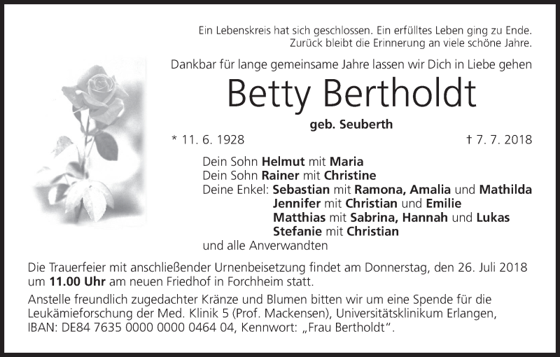  Traueranzeige für Betty Bertholdt vom 25.07.2018 aus MGO