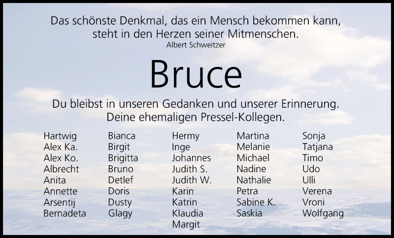  Traueranzeige für Bruce  vom 14.07.2018 aus MGO