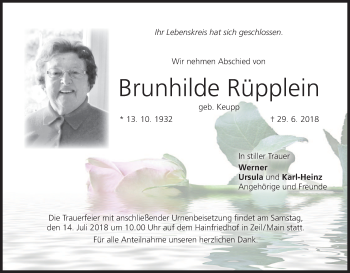 Anzeige von Brunhilde Rüpplein von MGO