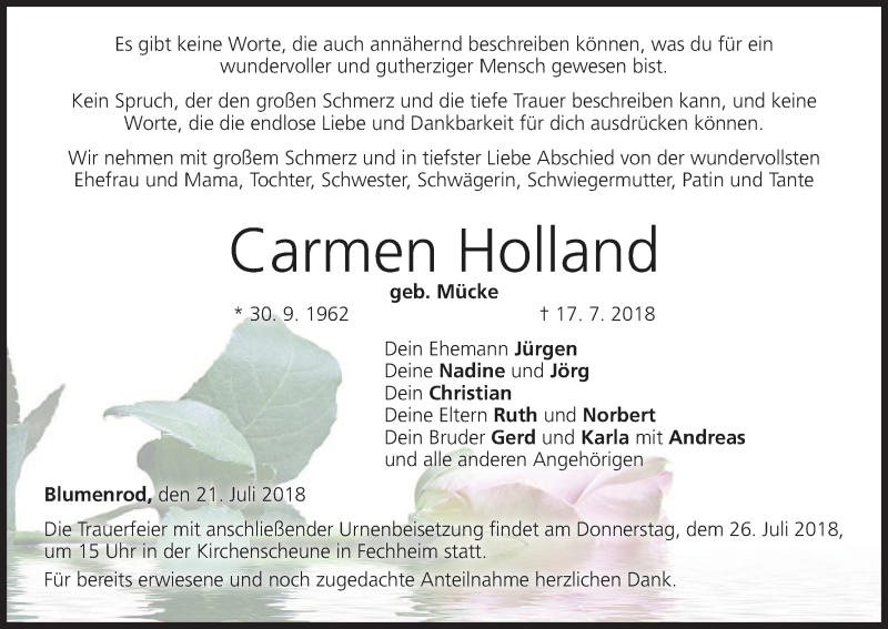  Traueranzeige für Carmen Holland vom 21.07.2018 aus MGO