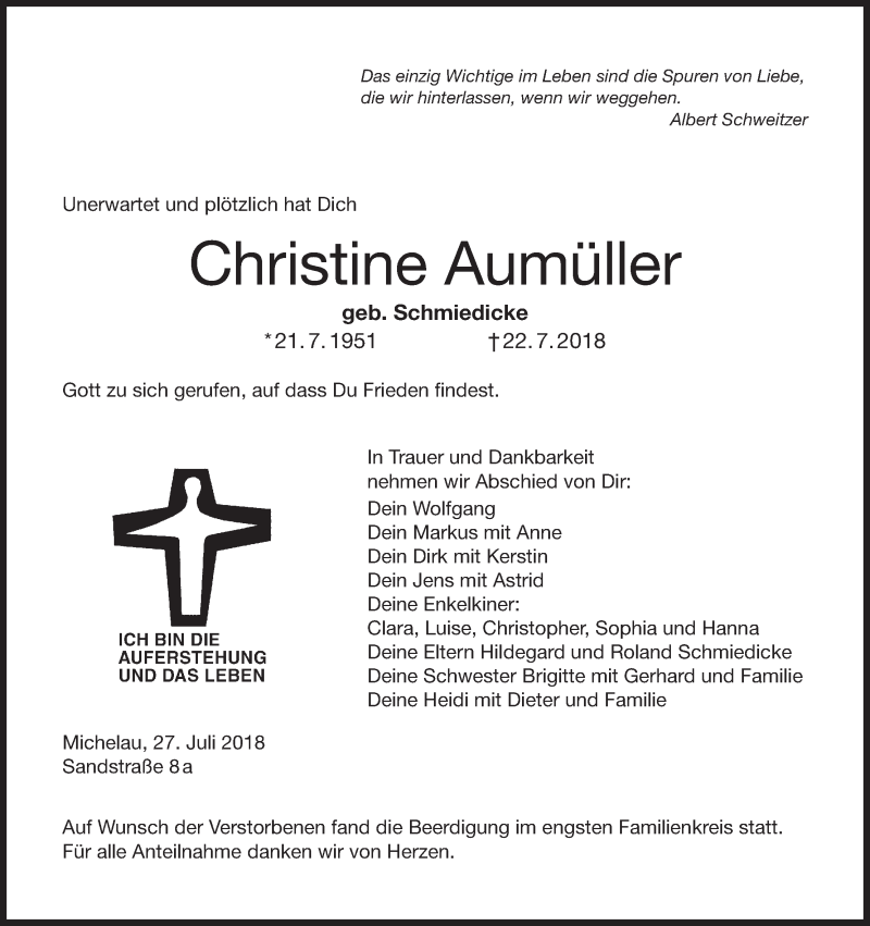  Traueranzeige für Christine Aumüller vom 27.07.2018 aus MGO