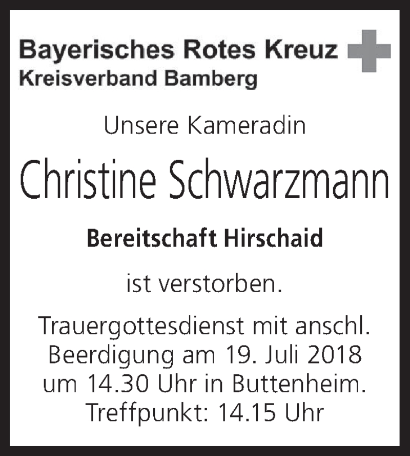  Traueranzeige für Christine Schwarzmann vom 17.07.2018 aus MGO