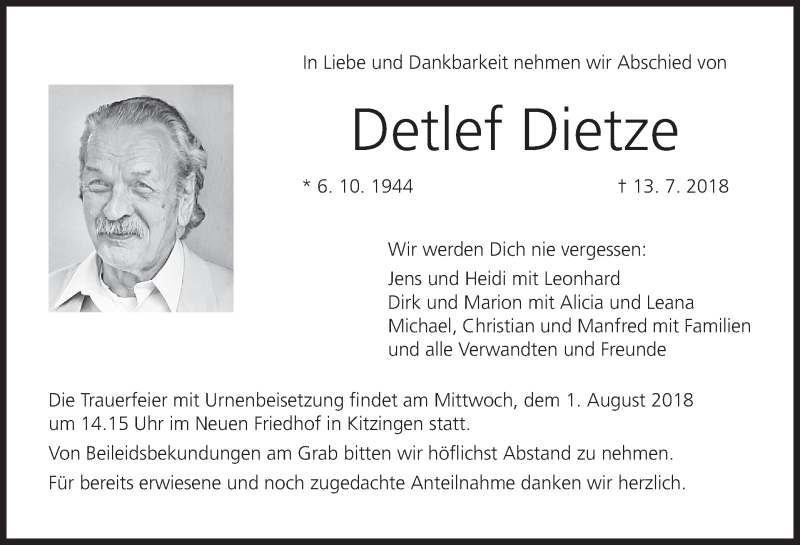  Traueranzeige für Detlef Dietze vom 28.07.2018 aus MGO