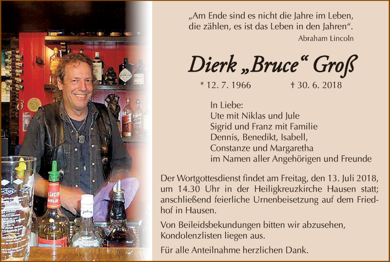  Traueranzeige für Dierk Bruce Groß vom 07.07.2018 aus MGO