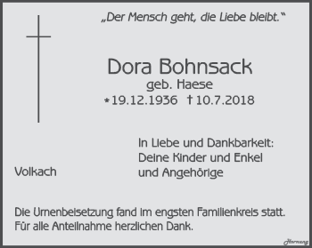 Anzeige von Dora Bohnsack von MGO