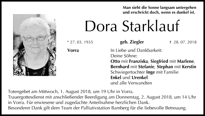  Traueranzeige für Dora Starklauf vom 31.07.2018 aus MGO