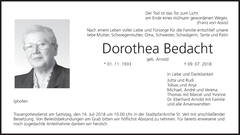  Traueranzeige für Dorothea Bedacht vom 12.07.2018 aus MGO