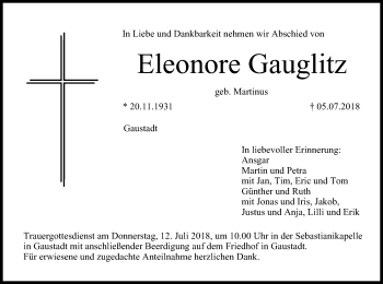Anzeige von Eleonore Gauglitz von MGO