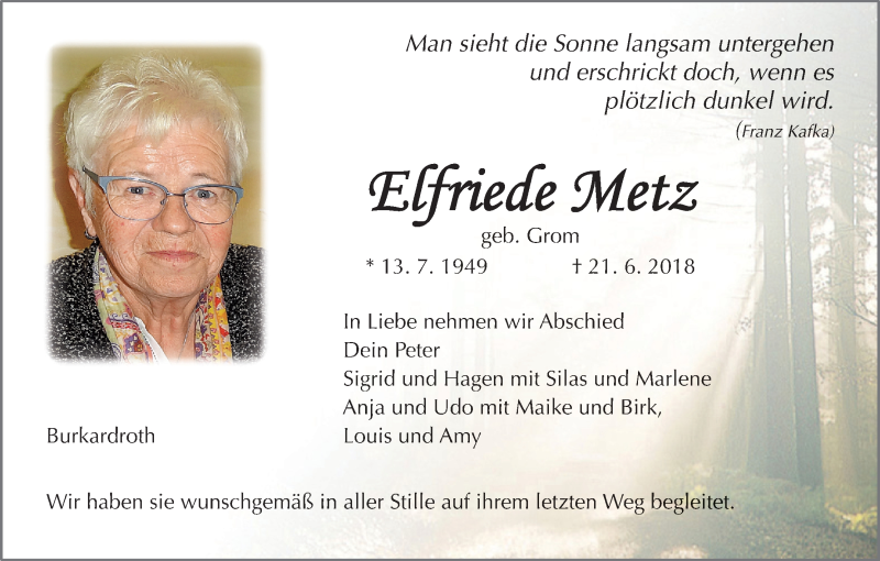  Traueranzeige für Elfriede Metz vom 02.07.2018 aus MGO